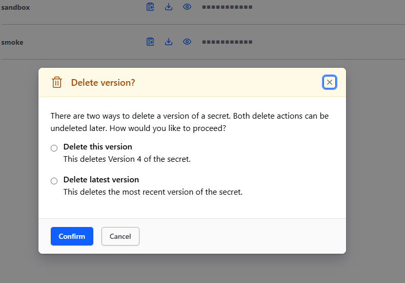 Partial screenshot of the Vault GUI showing the "Delete version?" confirmation modal for data at the path dev/square-api